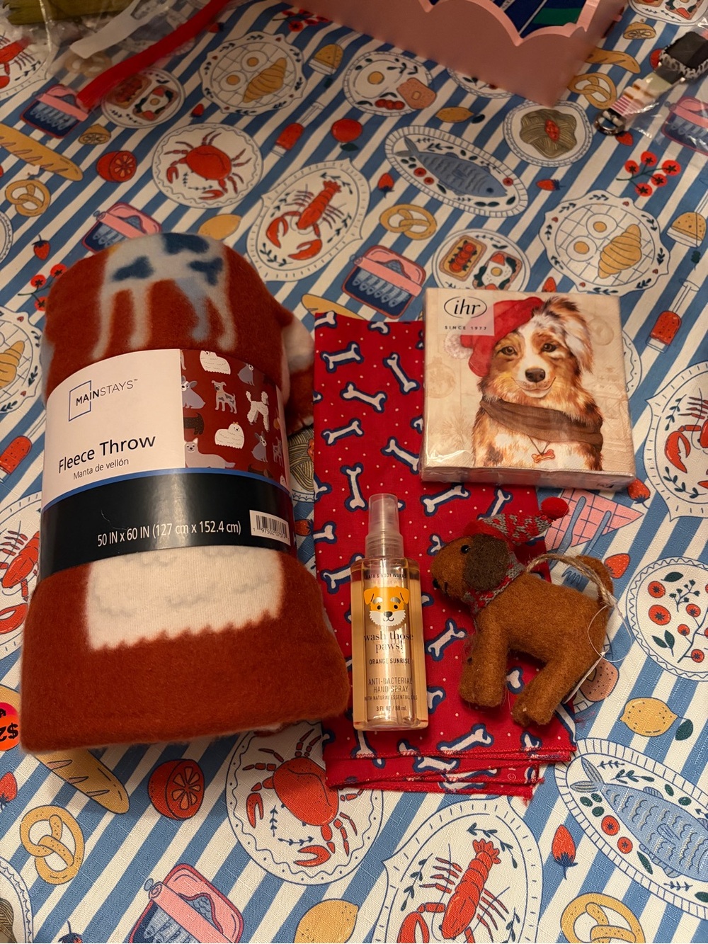 Cute Dog Bundle! Blanket, Ornament, Hand Sanitizer, Napkins and Bandana.
